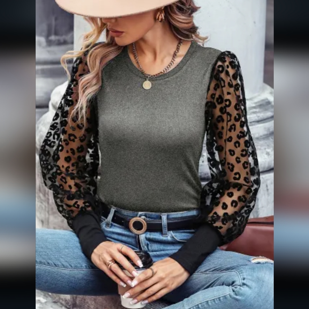 🎉HP🎉 New Leopard mesh puff sleeve top
